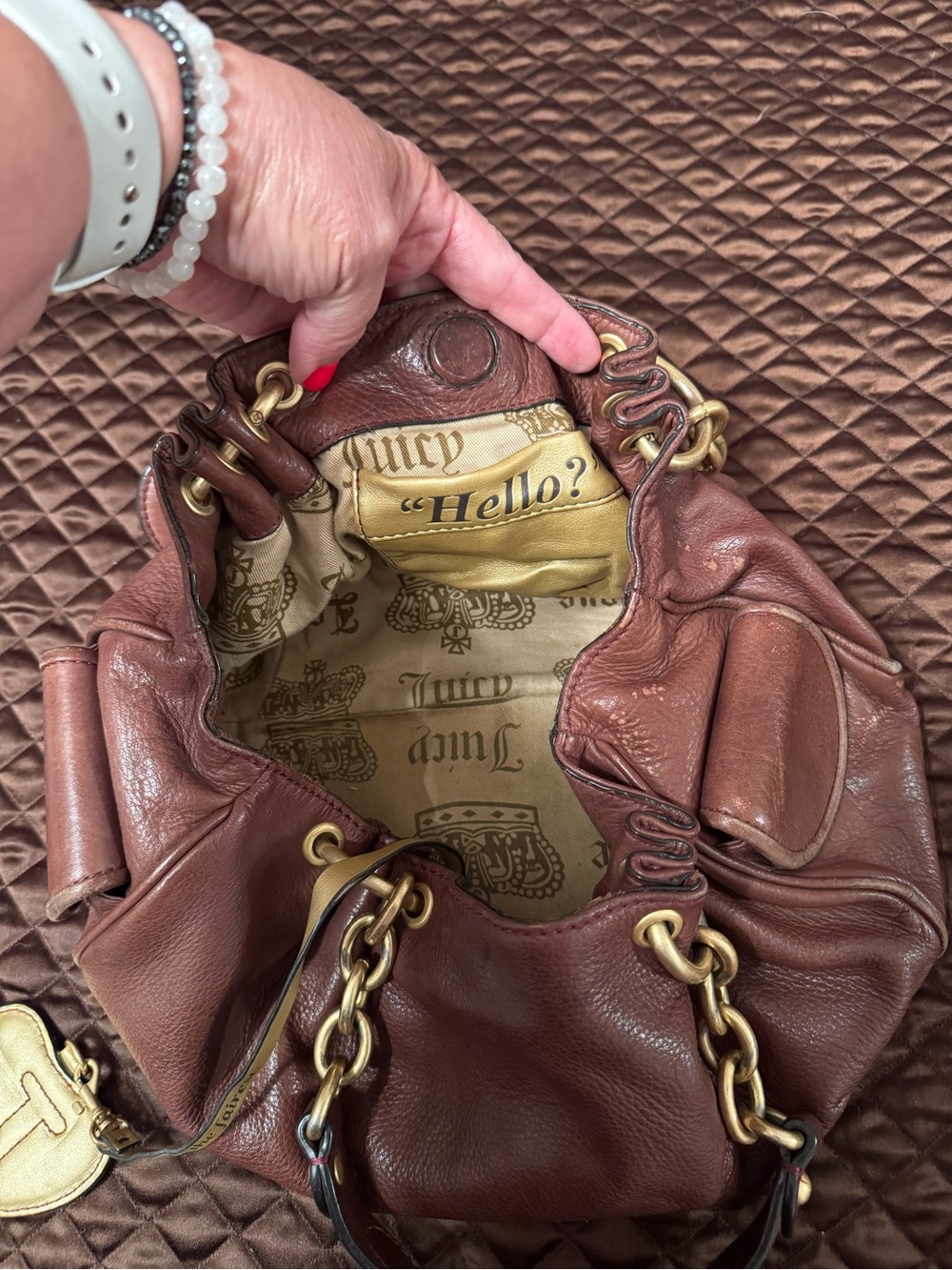 Vintage Juicy Coture Brown Leather Chain-Handle Women's Hobo Shoulder Bag - Picture 8 of 14